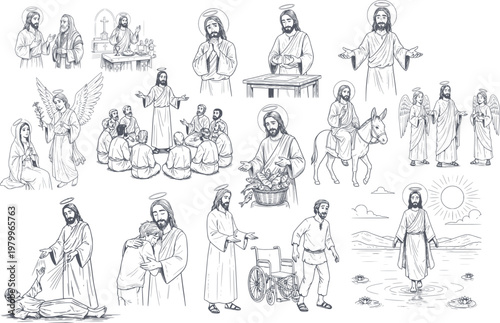 religious illustration set of jesus christ actions and miracles in black fill hand drawn style with no white fills for versatile design use