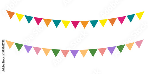 Colorful pennant bunting ribbon with confetti isolated on transparent background. Festive carnival decoration banner illustration for celebration, party, birthday, festival, event, and holiday design 