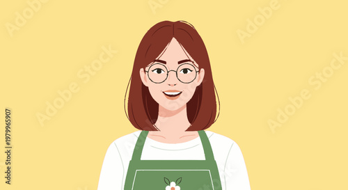 Woman with glasses and apron smiling against a yellow background vector illustration