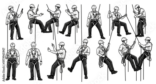 Illustrations of Rappelling Techniques and Safety Gear.