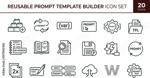 Reusable prompt template builder outline icon set with workflow automation configuration editing symbols for dashboards apps presentations web interface development systems