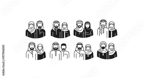 Illustrative depiction of diverse couples in traditional attire, cultural representation.