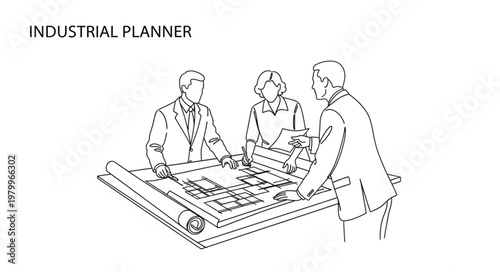 Industrial planners collaborating on architectural blueprints for project.