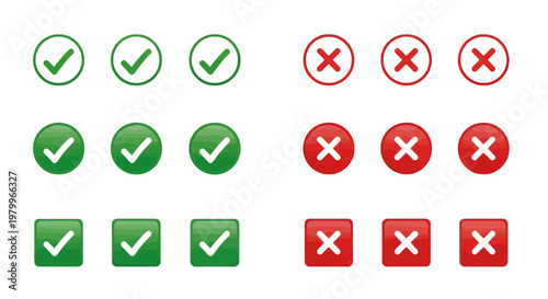 Green check mark and red cross icon set, 18 glossy vector elements for voting and status, approval and rejection symbols for web interface design