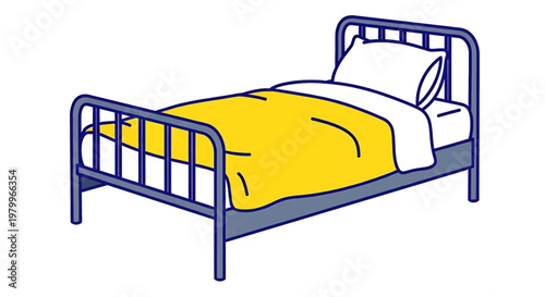 Illustration of a single metal bed frame with a yellow blanket and pillow