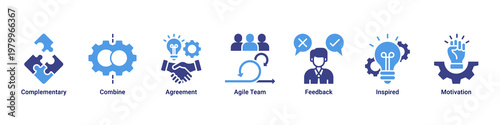 Team Collaboration devops banner with teamwork,feedback and communication icons for agile culture and team synergy