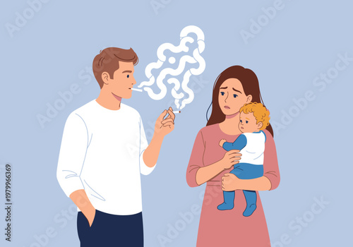 Man Smoking Cigarette Near Concerned Mother Holding Baby, Secondhand Smoke and Passive Smoking Health Risks Illustration, Family Conflict and Unhealthy Parental Addiction