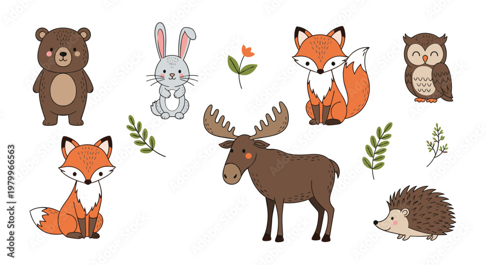Fototapeta premium Woodland animal collection features charming illustrations of a bear, rabbit, fox, owl, moose, and hedgehog alongside simple green branches.