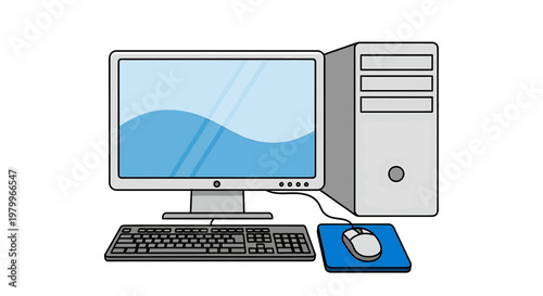 Illustration of a desktop computer set with monitor, tower, keyboard and mouse