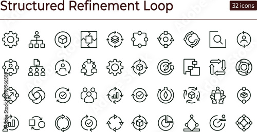 Structured refinement loop outline icon set with iterative workflow optimization feedback analytics symbols for dashboards apps presentations web interface development systems