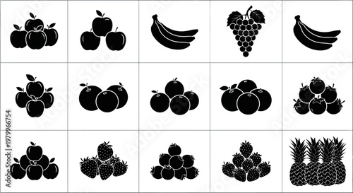Collection of various fruit icons including apples bananas grapes pineapples and berries in black silhouette on white background for design and illustration