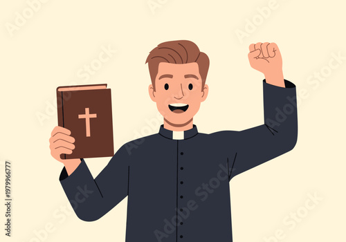 Happy Young Catholic Priest Holding Holy Bible and Raising Fist in Triumph - Religious Success and Faith Concept Illustration