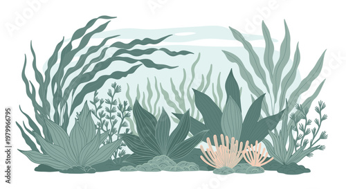 Underwater scene captures a variety of lush sea plants, kelp, and coral reefs in shades of green and teal against a pale blue background.