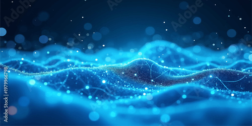 An abstract blue light background featuring fluid waves and underwater bubbles creates a serene nature design inspired by the deep ocean and clear sky