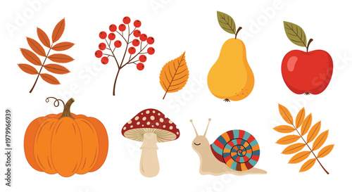 Autumn harvest elements include a ripe pumpkin, a spotted mushroom, an apple, a pear, a colorful snail, and various fallen deciduous leaves.