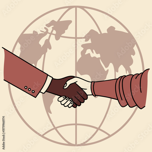 Hands shaking in front of a globe