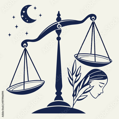 A scale with a crescent moon and stars and a woman's head