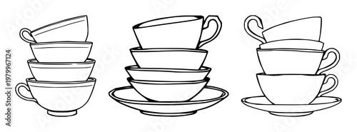Tea saucers set with stacked mismatched design in sketchy line art featuring tea cups, plating, kitchenware with minimalism and elegance