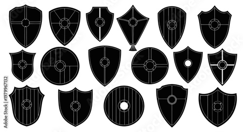 Collection of black shield icons with various shapes and designs on a white background for protection and security concepts