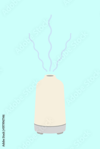 Modern Electric Aroma Oil Diffuser Humidifier Releasing Mist Isolated on Blue Background, Essential Oil Vaporizer for Aromatherapy and Home Wellness Vector