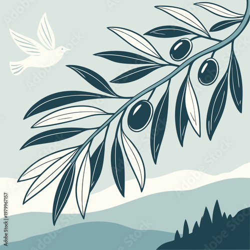 A branch of an olive tree with olives and leaves