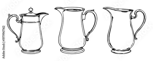 Vintage silver cream pitcher set with hand-drawn line art design featuring silver, cream, vintage with line art and white background