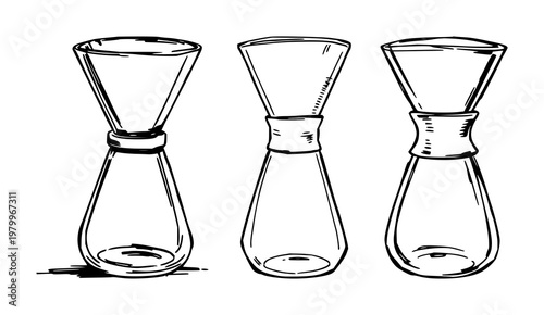 Chemex set with rough sketchy art and clear glass design featuring coffee, pour-over, brewing with glass and white background