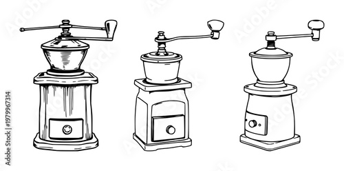 Coffee grinder set with hand-drawn vintage line art design featuring hand crank mechanism, coffee beans, grinder on white background with classic style and simplicity