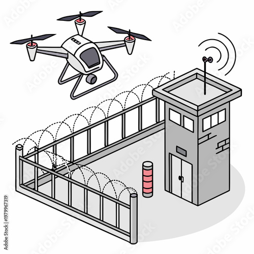 A drone flies over a security checkpoint