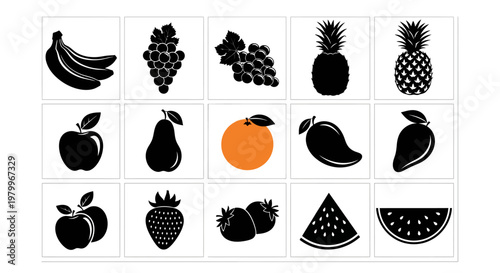 Assorted fruit icons in black and orange on white background for design and nutrition concepts