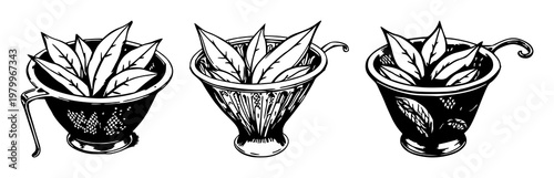 Silver tea strainer set with sketchy black ink art featuring tea strainer, leaves, silver with ink and white background and subtle strokes