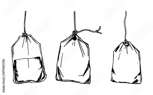 Tea bag set with rough hand-inked art, tattered tea bag with a string featuring tea, string, hand-drawn with white background and minimalist