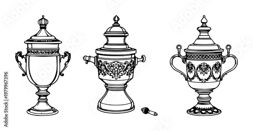 Russian samovar set with sketchy line art and ornate brass featuring samovar, Russian, coffee with white background and illustration
