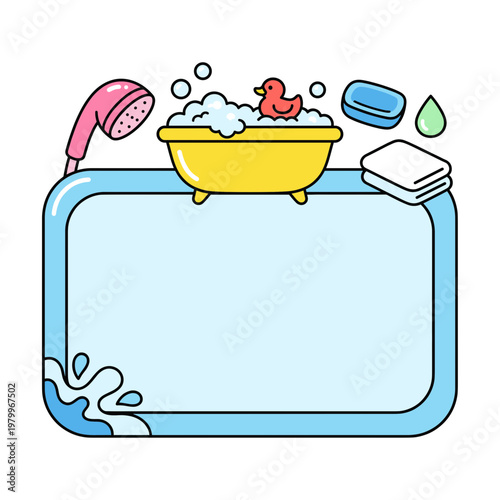 Cute Baby Bath Time Border Template with Yellow Bathtub Rubber Duck Shower Head Soap and Towel Vector Illustration for Kids Hygiene Concept