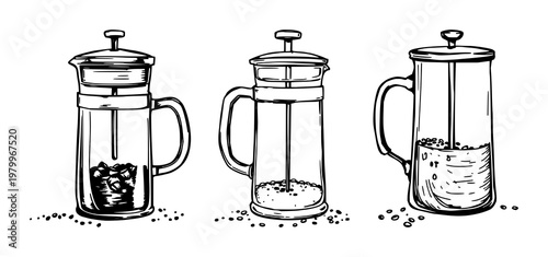 French press set with rough sketchy line art featuring coffee grounds, charcoal strokes, hand drawn with minimal background and flat white outline
