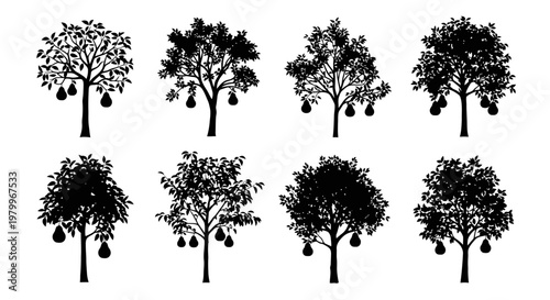 Eight black silhouettes of fruit trees with hanging pears on white background tree silhouettes with fruit landscape design elements
