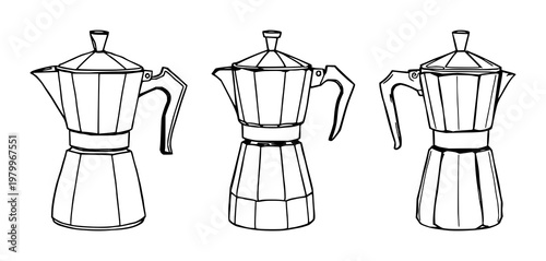 Vintage stovetop moka pot set with sketchy hand-drawn line art design featuring kitchen appliance, coffee maker, coffee brewing with moka pot and stovetop