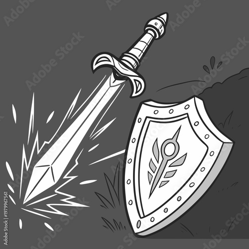 A sword and shield with sparks flying everywhere