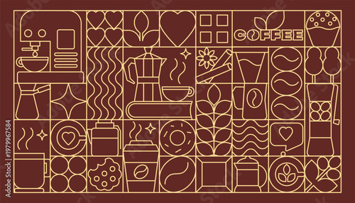 Coffee abstract pattern with machine cup and beans in line art style.
