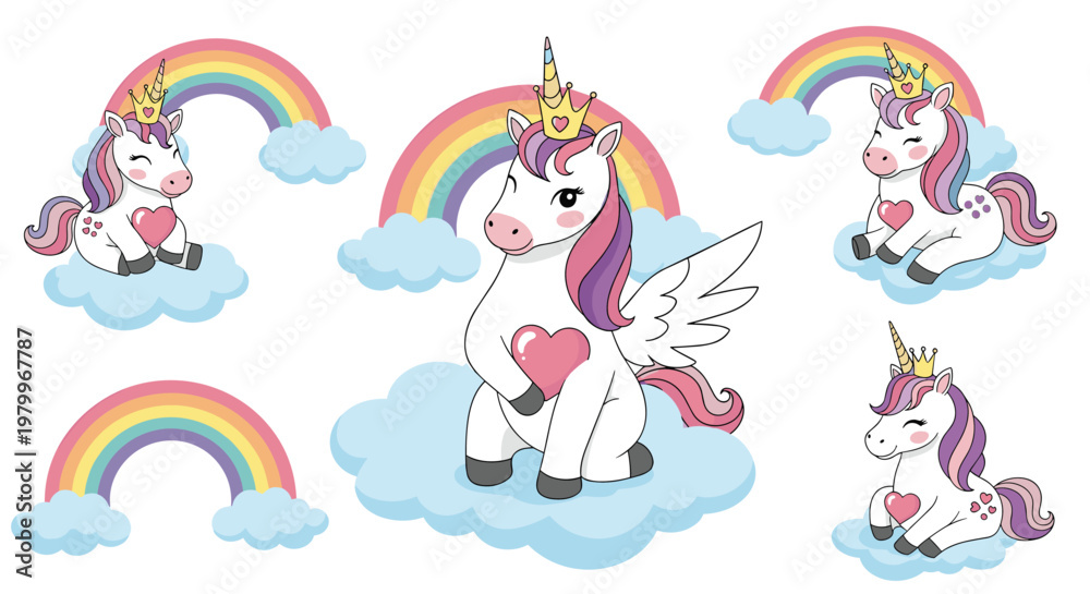 Fototapeta premium Sweet collection of baby unicorns with crowns and wings sitting on soft blue clouds and holding pink hearts under colorful rainbows.