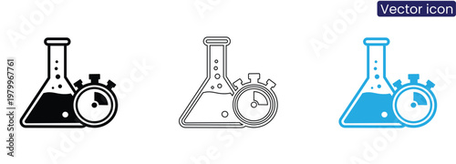 Vector icons of a laboratory flask with a stopwatch on a white background, perfect for science and time management concepts