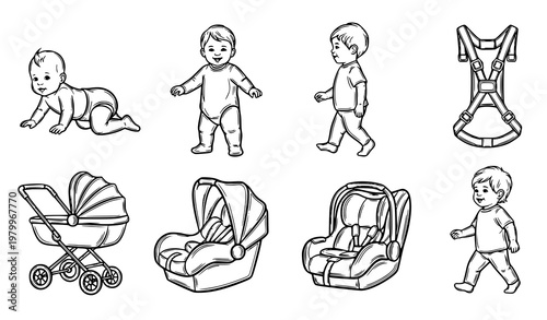 Hand drawn baby stage and safety icons with stroller car seat and harness black and white vector set