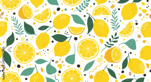 Refreshing seamless pattern with whole lemons, slices, green leaves, and decorative dots on a white background for summer themes.