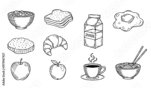 Hand drawn breakfast food icons with cereal toast egg croissant juice apple coffee and noodles vector set