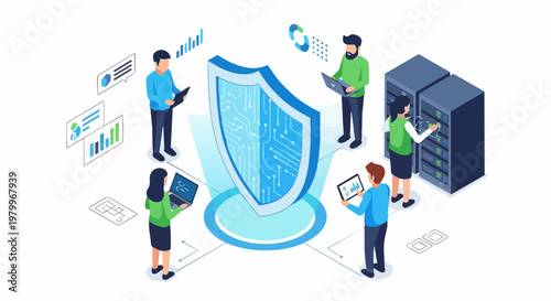 Cybersecurity Concept Isometric Illustration: IT Professionals Protecting Data Server with Digital Shield and Firewall Technology