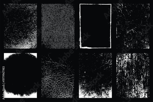 Set of eight black and white grunge textures and distressed elements for graphic design.