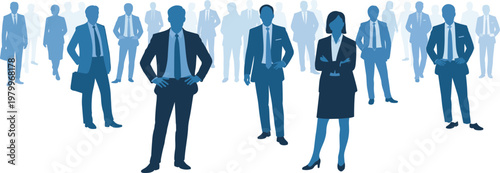 Business professionals walking in a row with briefcases and smartphones in a modern office setting