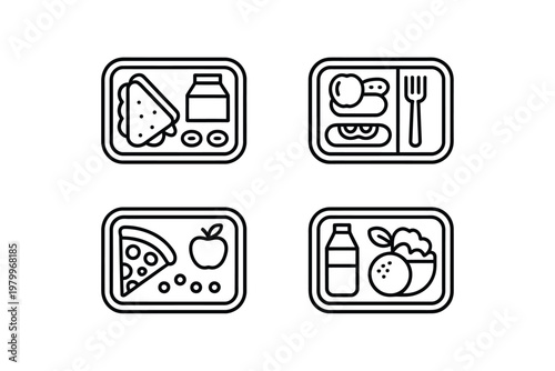 Line art icons depicting various lunchbox food items and meal options