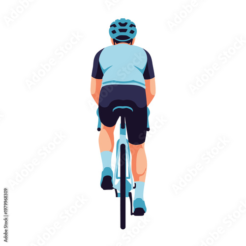 Cyclist in blue jersey riding a bicycle from behind, isolated on white background