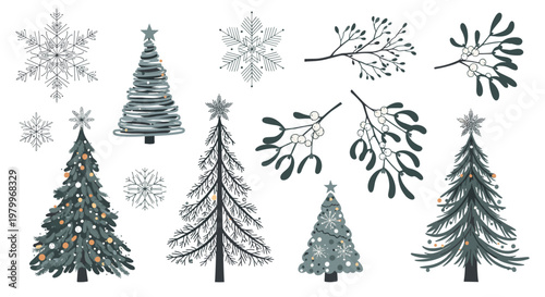 Festive collection of stylized Christmas trees, delicate snowflakes, and mistletoe branches in a sophisticated gray and gold palette.